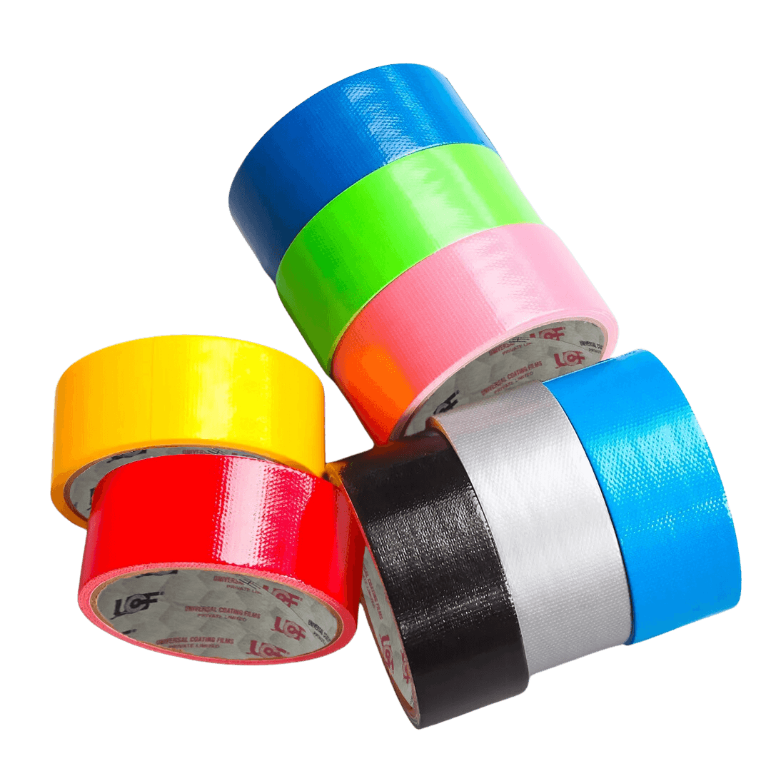 UCF tape rolls in blue, green, pink, yellow, red, black and silver, stacked together