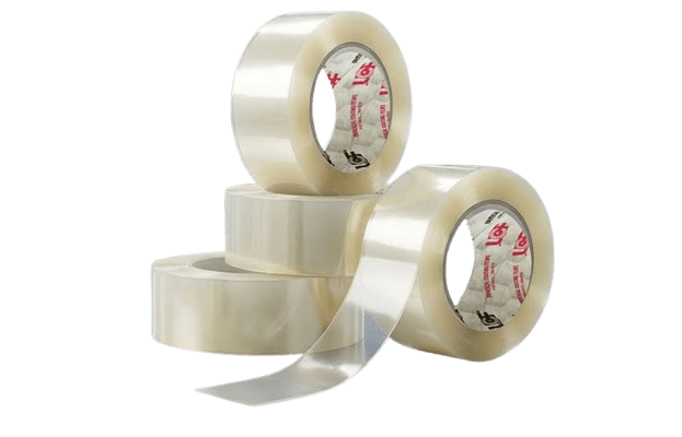 A stack of UCF super clear BOPP tape rolls with a length of film unwound to show its clarity