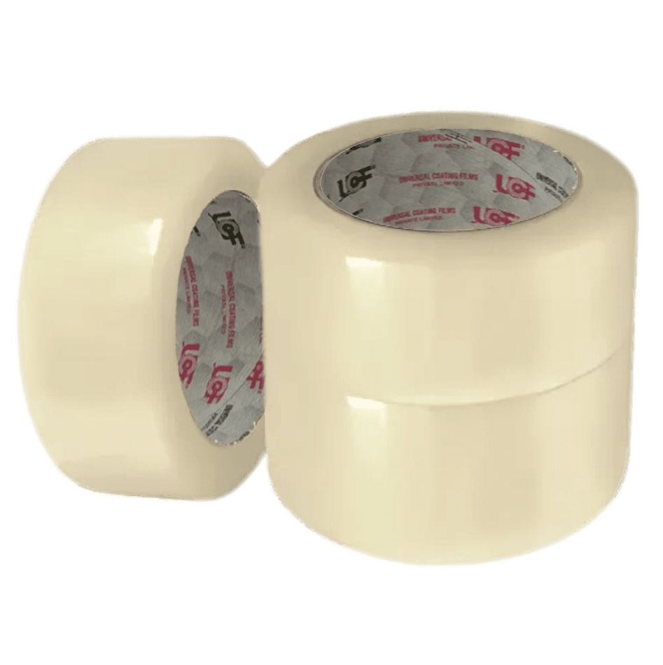 Two rolls of UCF transparent BOPP packing tape, standing and lying on their side