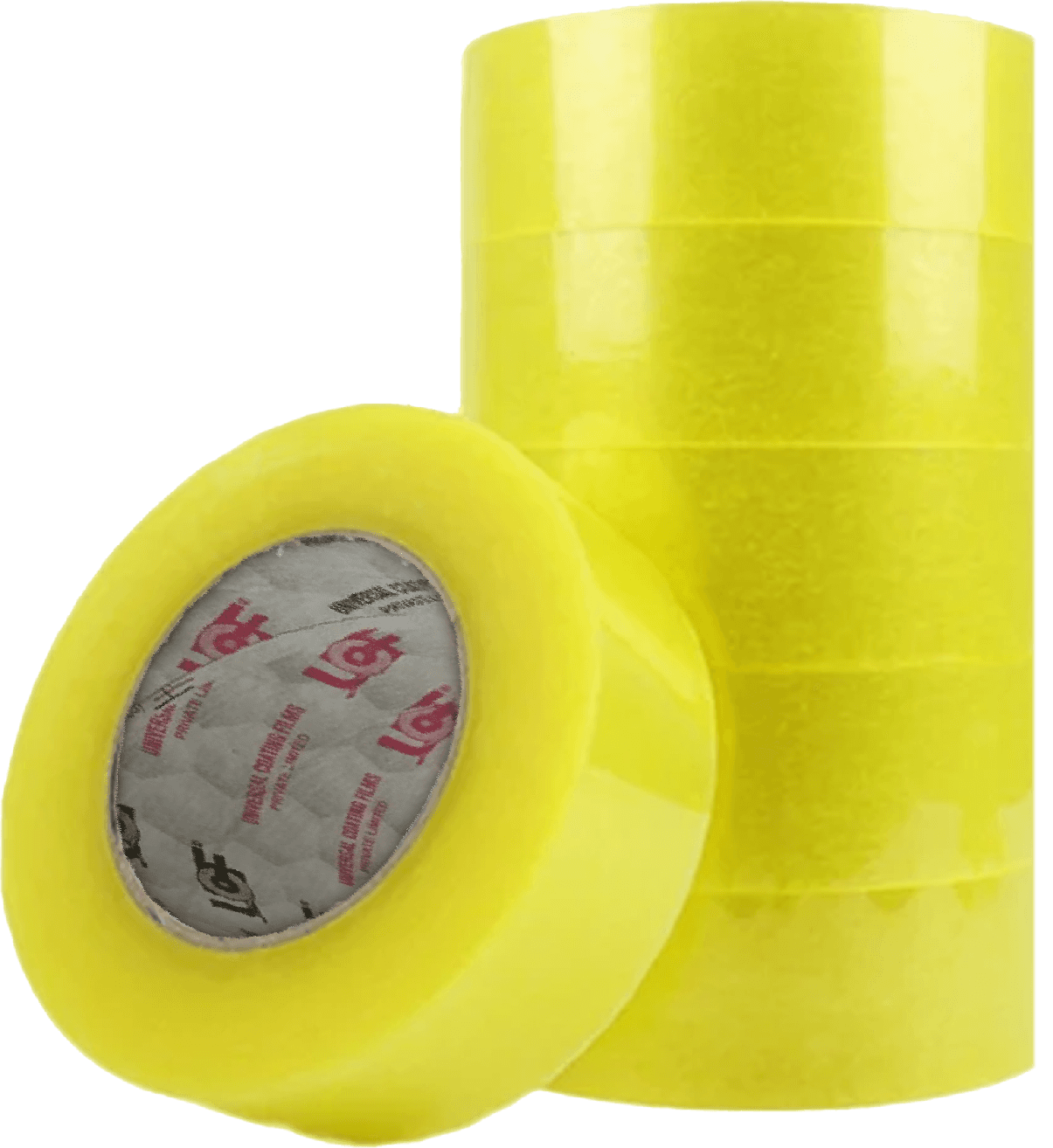 A stack of UCF yellow BOPP tape rolls beside a single roll turned to show its core